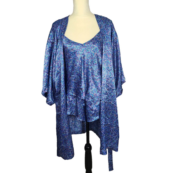 VTG Henson Kickernick Satin Robe Tank Shorts Large Blue Peacock Pajamas Lounge - Picture 1 of 16